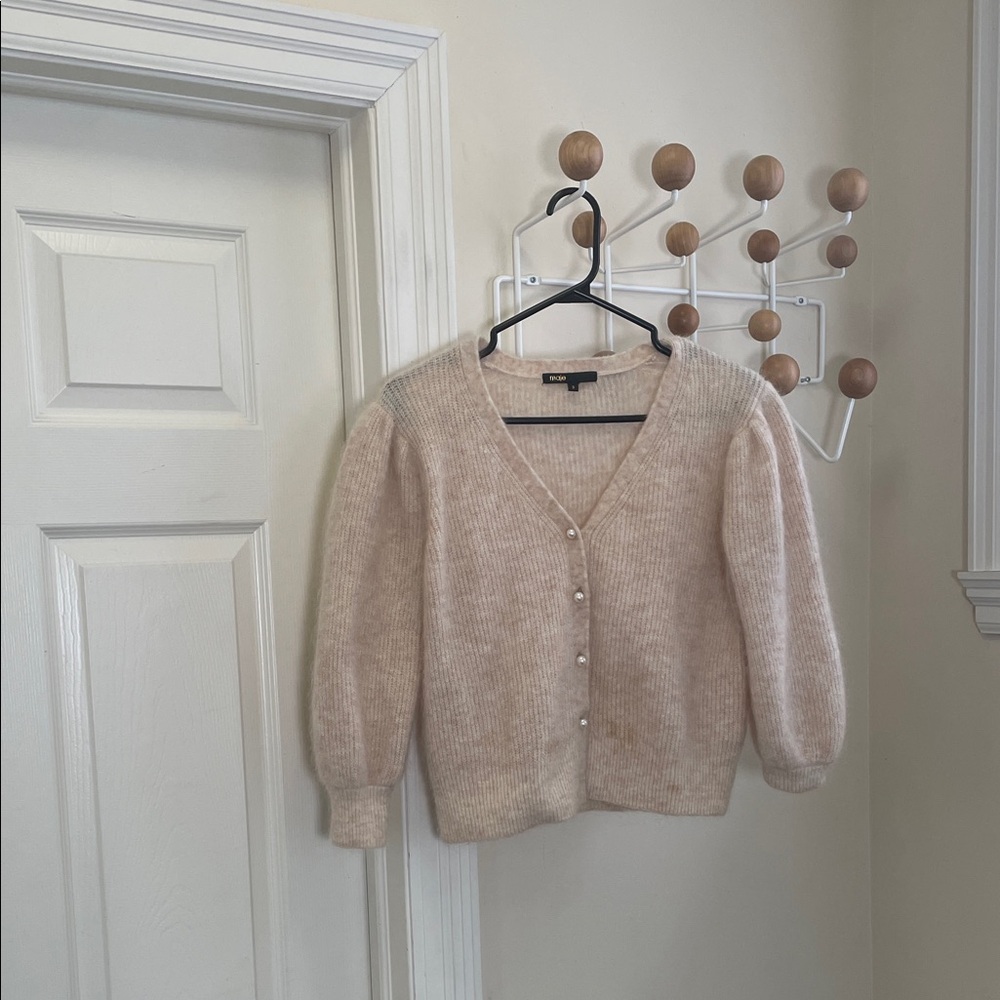 Maje - Mohair Blend Button Down Cardidan Puffy Sleeve - Cream - S